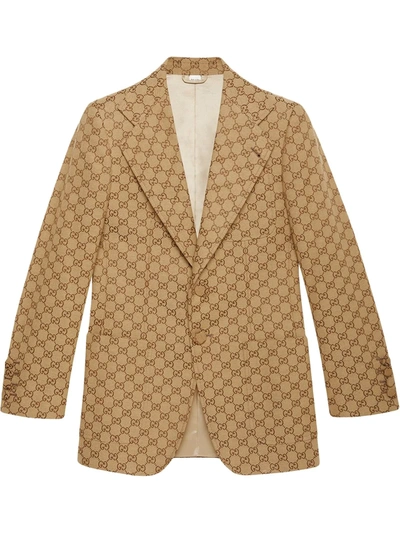 Gucci Beige Slim-fit Logo-jacquard Cotton-blend Suit Jacket In Brown