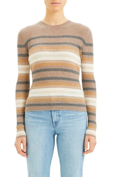 Theory Stripe Ribbed Crewneck Cashmere Sweater In Medium Heather Grey Multi