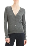 Theory V-neck Button-front Regal Wool Cardigan In Medium Heather Grey