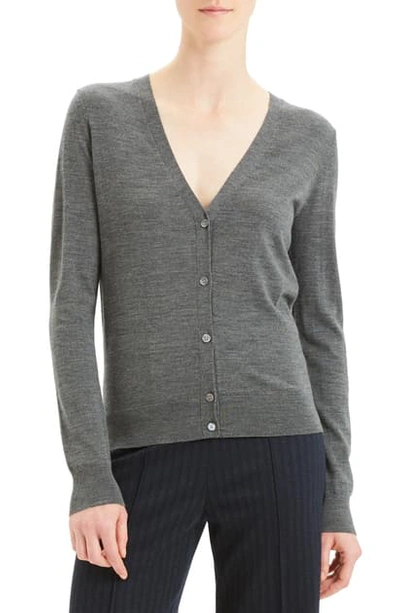 Theory V-neck Button-front Regal Wool Cardigan In Medium Heather Grey