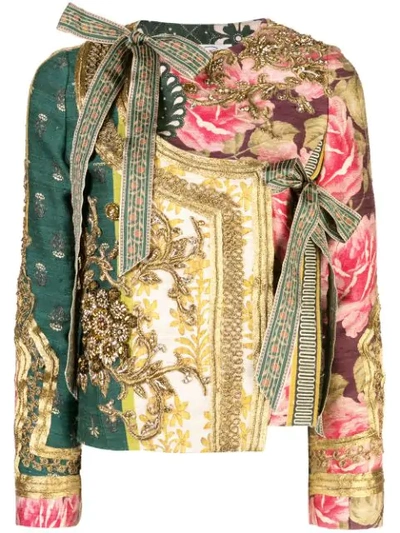 Oscar De La Renta Golden-embroidered Patchwork Tussah Jacket In Green