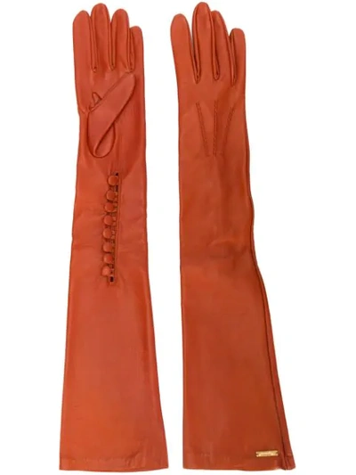 Dsquared2 Calf Leather Long Gloves In Orange