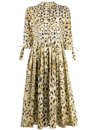 Prada 1/2-sleeve Leopard-print Poplin Shirtdress In Neutrals