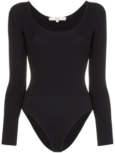 Tibi Scoop-neck Long Sleeve Bodysuit In Black