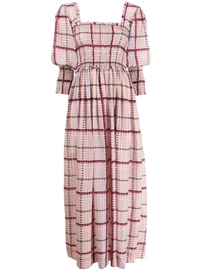 Ganni Check Ruched Maxi Dress In Pink
