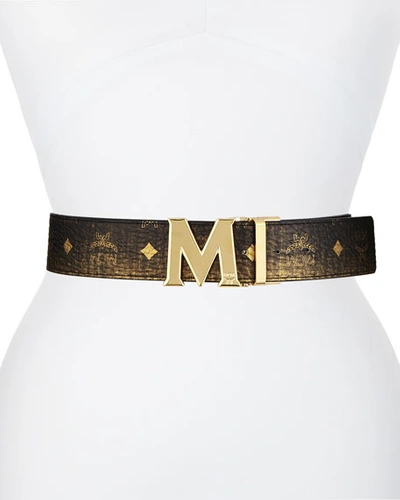 Mcm Claus Reversible Gradation Visetos Leather Belt In Gold