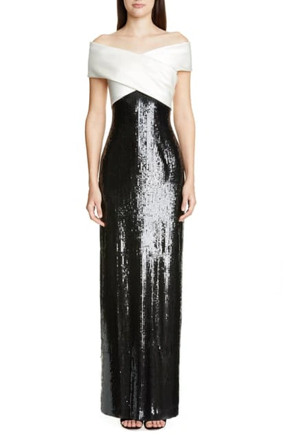 St John Layered Sequin Off-the-shoulder Silk Georgette Gown W/ Slit In Cream Caviar