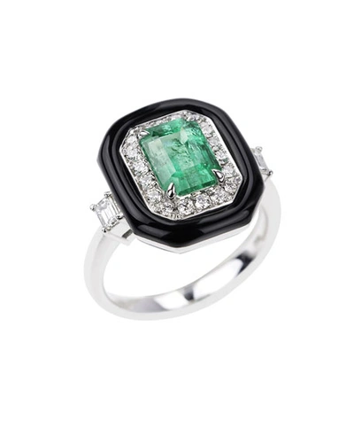 Nikos Koulis 18k White Gold Oui Enamelled Emerald And Diamond Ring In Silver