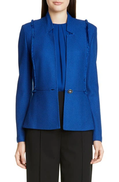 St John Gridded Texture Knit Jacket With Notch Collar & Fringe Trim In Prussian Blue