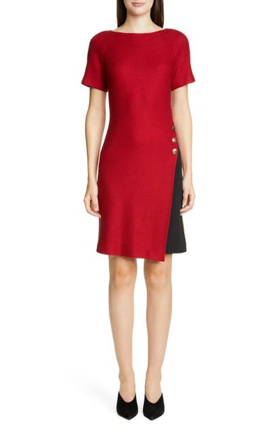 St John Raglan-sleeve Textured Float-stitch A-line Dress W/ Stretch-cady Insert In Ruby/caviar Multi