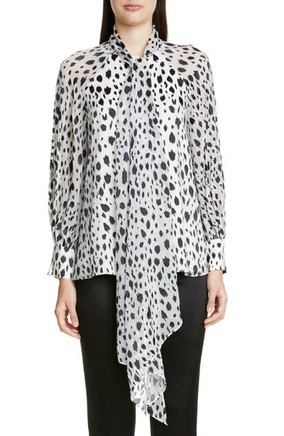 St John Snow Leopard-print Devore Blouse With Chiffon Scarf In Cream Caviar