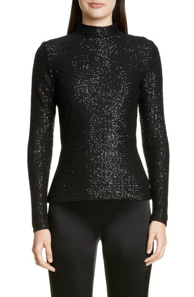 St John Statement Sequin Mock-neck Top With Zipper Sleeves In Caviar