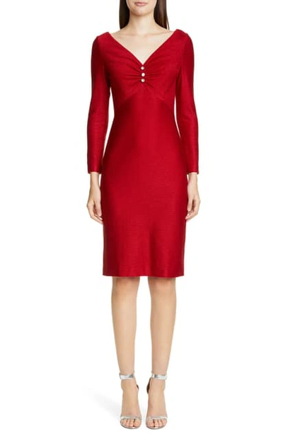 St John Shimmer Float Knit V-neck Dress W/ Shirring Detail In Ruby
