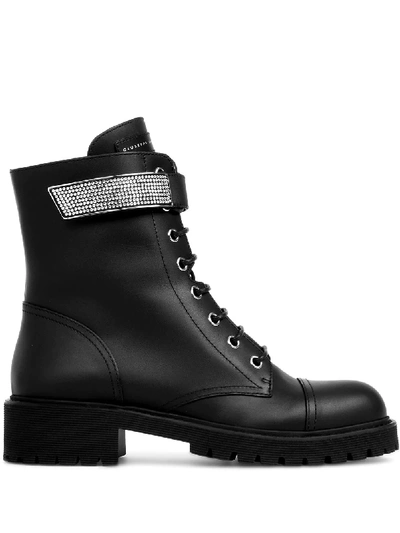 Giuseppe Zanotti Leather Combat Boots With Jewel Strap In Black