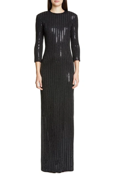 St. John Paillette Pinstripe 3/4-sleeve Column Gown With Back Slit In Caviar