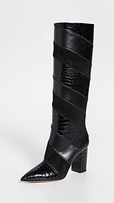 Aquazzura Boetti Croc-embossed Mixed Leather Knee Boots In Black