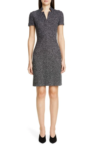 St John Short-sleeve Textured Boucle Tweed Dress With Inverted Collar In Caviar/white Multi