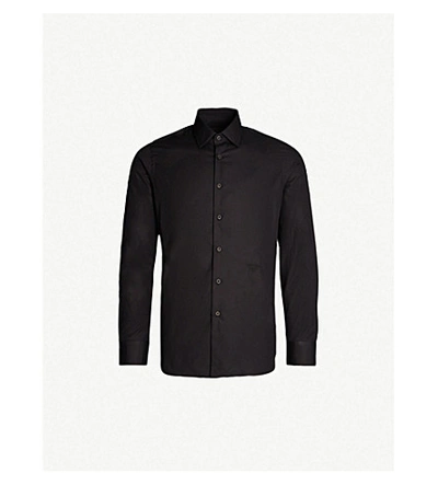 Prada Logo-embroidered Slim-fit Cotton Shirt In Black