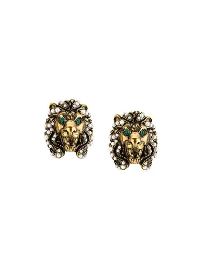 Gucci Lion Faux Pearl-embellished Clip Earrings In Gold