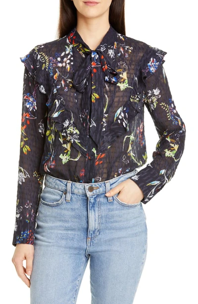 Tanya Taylor Layla Sheer Silk & Cotton Blouse In Pencil Floral/ Navy