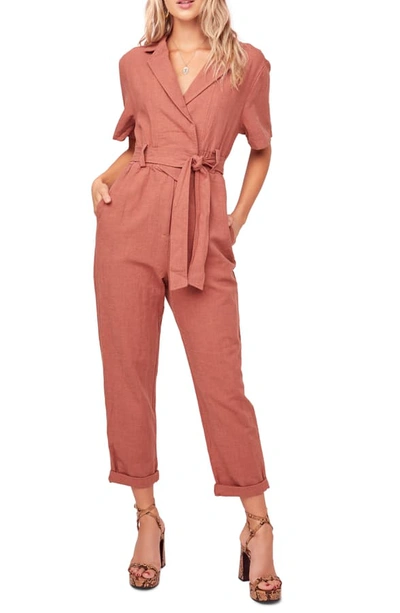 Astr Coco Linen Blend Utility Crop Jumpsuit In Clay