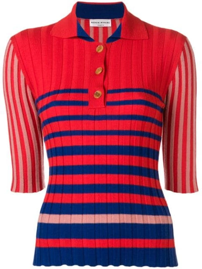 Sonia Rykiel Mix Stripe Cashmere Rib Knit Polo Shirt In Red