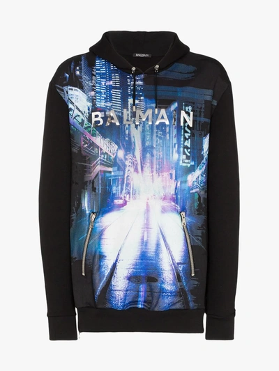 Balmain City Graphic Print Hoodie In Black