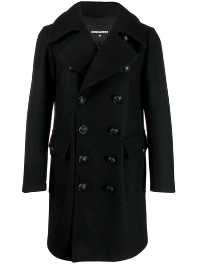 Dsquared2 Double Breasted Wool Blend Peacoat In Black