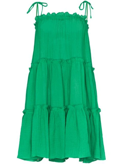 Lisa Marie Fernandez Drop-shoulder Tiered Ruffled Linen-blend Dress In Green