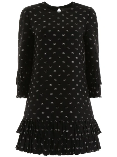 Valentino Mini Dress With V Logo All-over In Nero Avorio (black)