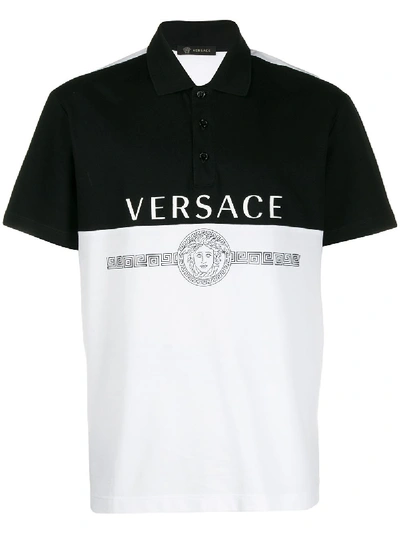 Versace Men's Spliced Logo Pique Polo Shirt In Black
