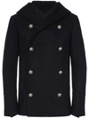 Balmain Wool Cashmere Hooded Double Breasted Pea Coat In Blue