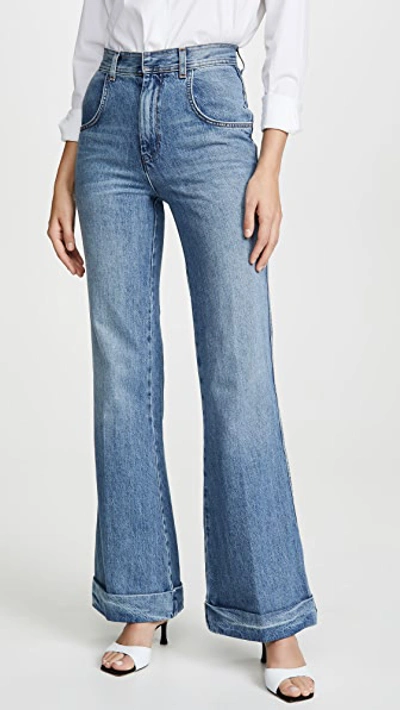 Re/done The 70's Ultra High Rise Cuffed Bell Bottom Jeans In Mid Denim