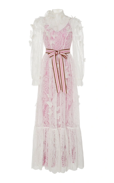 Zimmermann Bow-detailed Fil Coupé Lace Maxi Dress In White/fuchsia