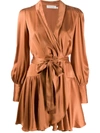 Zimmermann Wrap-effect Silk-satin Mini Dress In Brown