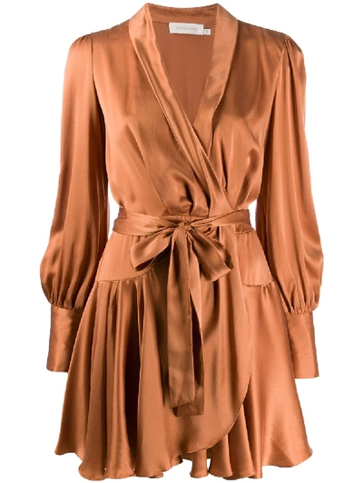 Zimmermann Wrap-effect Silk-satin Mini Dress In Brown