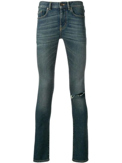 Saint Laurent Ripped Skinny Jeans In Blue