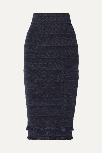 Herve Leger Fringed Jacquard-knit Midi Skirt In Blue