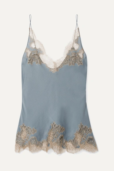 Carine Gilson Chantilly Lace-trimmed Silk-satin Camisole In Blue
