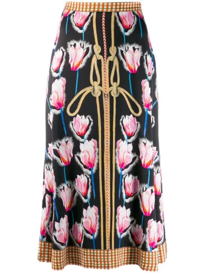 Temperley London Arabesque Floral-print Satin-crepe Midi Skirt In Black