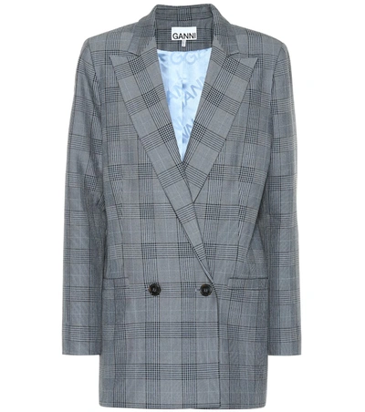 Ganni Double Breasted Plaid Suiting Blazer In Blue