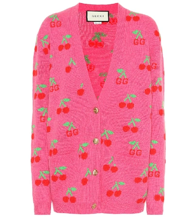 Gucci Gg Cherry Jacquard Wool Cardigan In Pink