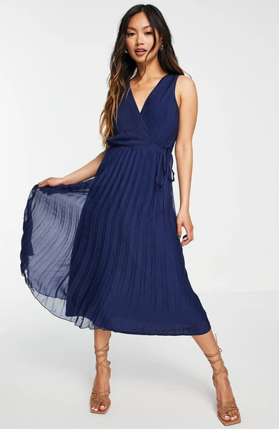 Asos Design Wrap Bodice Midi Dress With Tie Waist And Pleat Skirt