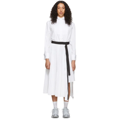 Sacai Belted Pleated Poplin And Piqué Midi Dress In White