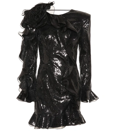 Dundas Ruffled Organza-trimmed Sequined Crepe Mini Dress In Black