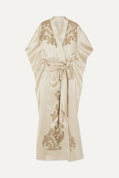 Carine Gilson Chantilly Lace-trimmed Silk-satin Robe In Gold