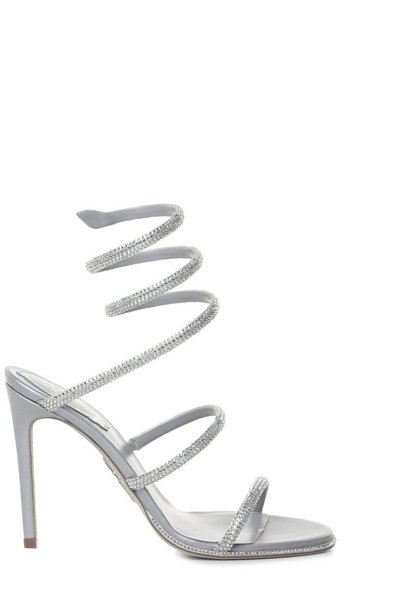 René Caovilla Cleo Embellished Metallic Satin And Leather Sandals In Silver