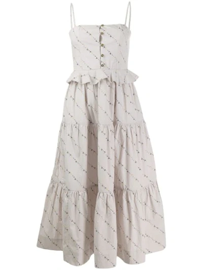 Ganni Peplum-trim Floral-print Cotton Midi Dress In Grey