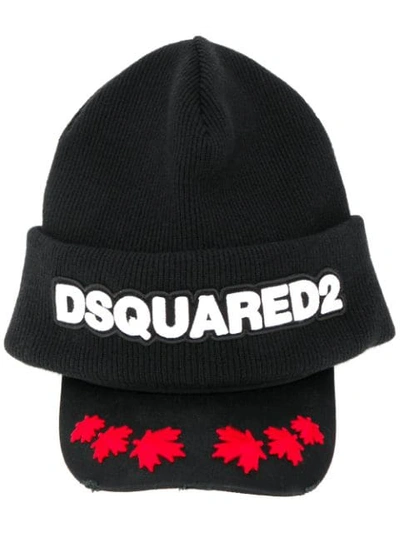 Dsquared2 Brimmed Embroidered Beanie In Black