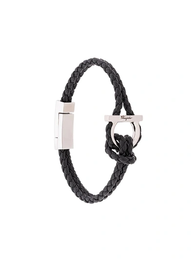 Salvatore Ferragamo Braided Leather Gancini Bracelet In Black